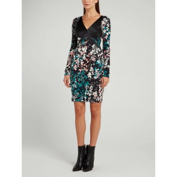 NWT roberto cavalli Dress Leaf Botanical Print Knit V-neck Black Green Pink US 6 - Picture 3 of 16